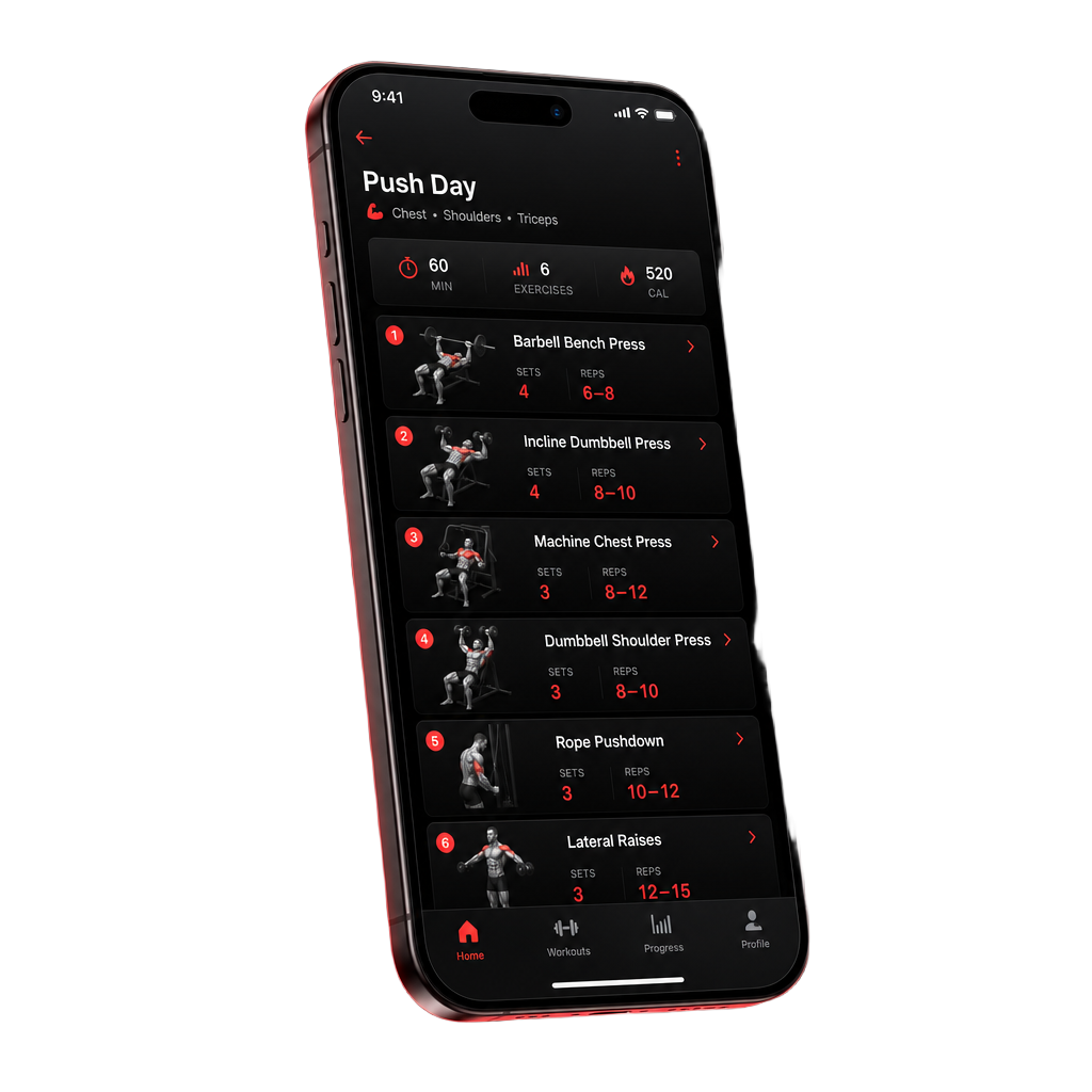 Anteprima dell'app RECOMP30: allenamento Push Day con esercizi, serie e ripetizioni